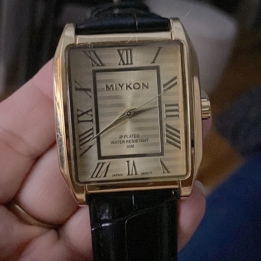 Miykon Men's Watch Rectangle Gold Dial Roman Numerals on Black Leather Band New!